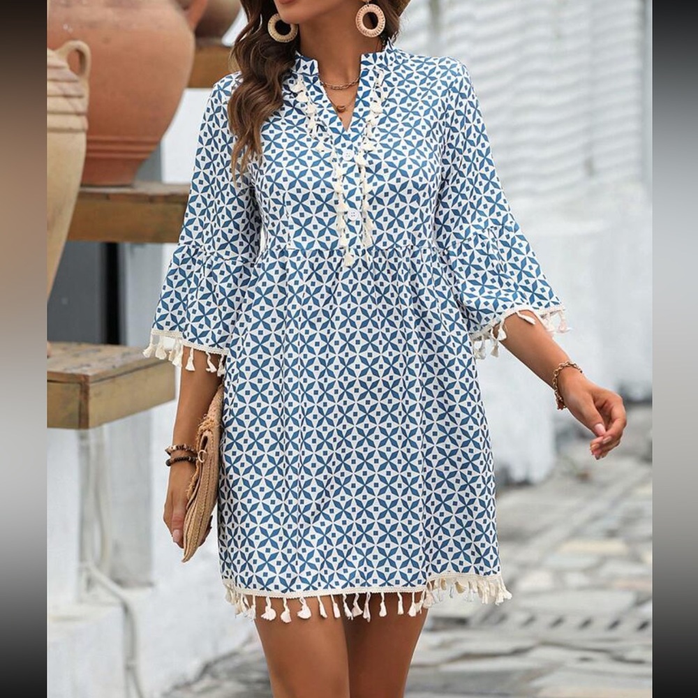 Boho tassel trim flounce sleeve dress
